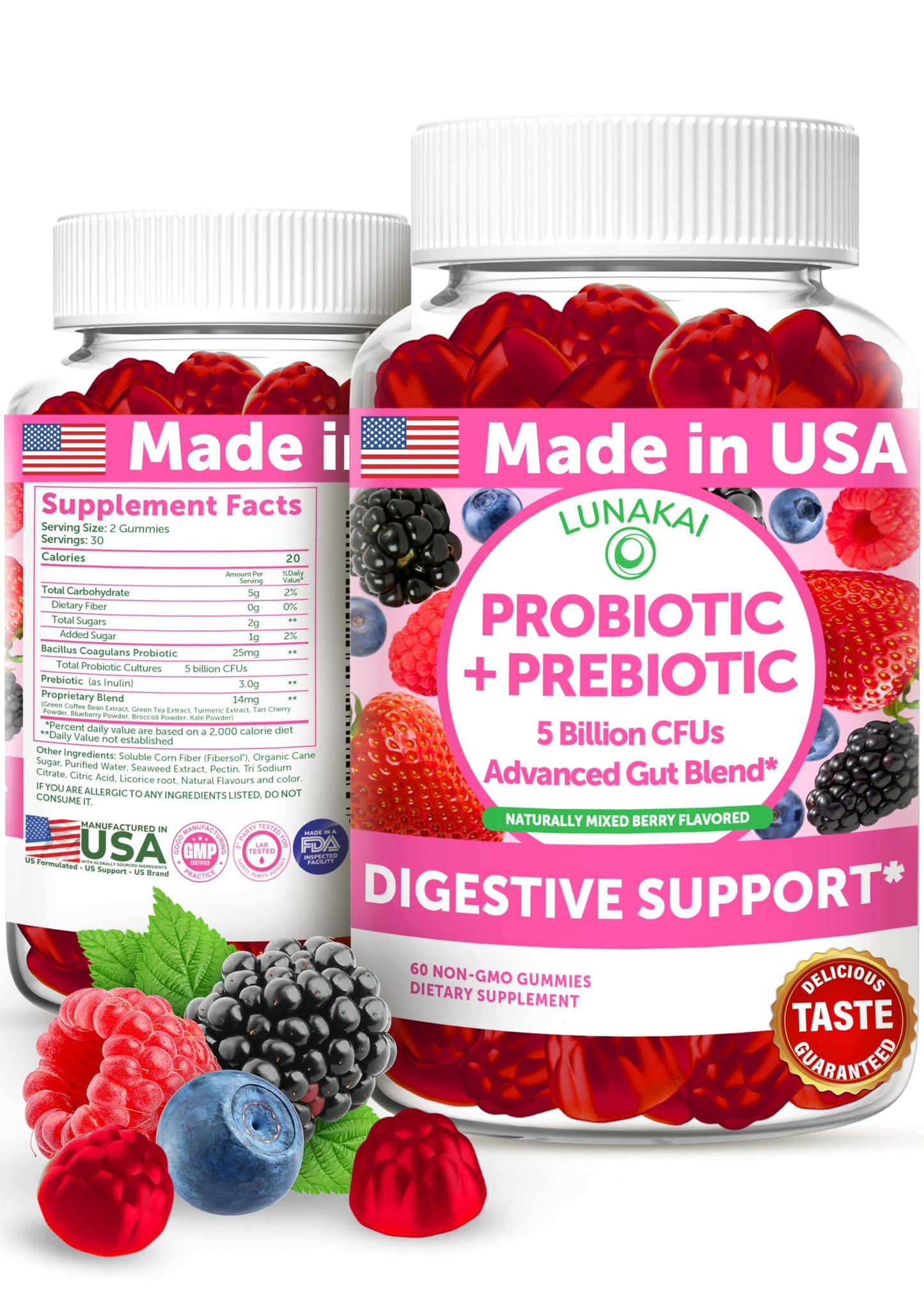 Lunakai USA Made Prebiotic + Probiotic Gummies for Women and Men - High Potency 5 Billion CFUs with Fibers - Non-GMO Gut Health Support 60ct