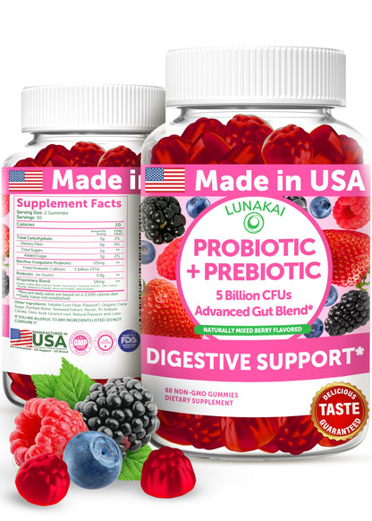 Lunakai USA Made Prebiotic + Probiotic Gummies for Women and Men - High Potency 5 Billion CFUs with Fibers - Non-GMO Gut Health Support 60ct