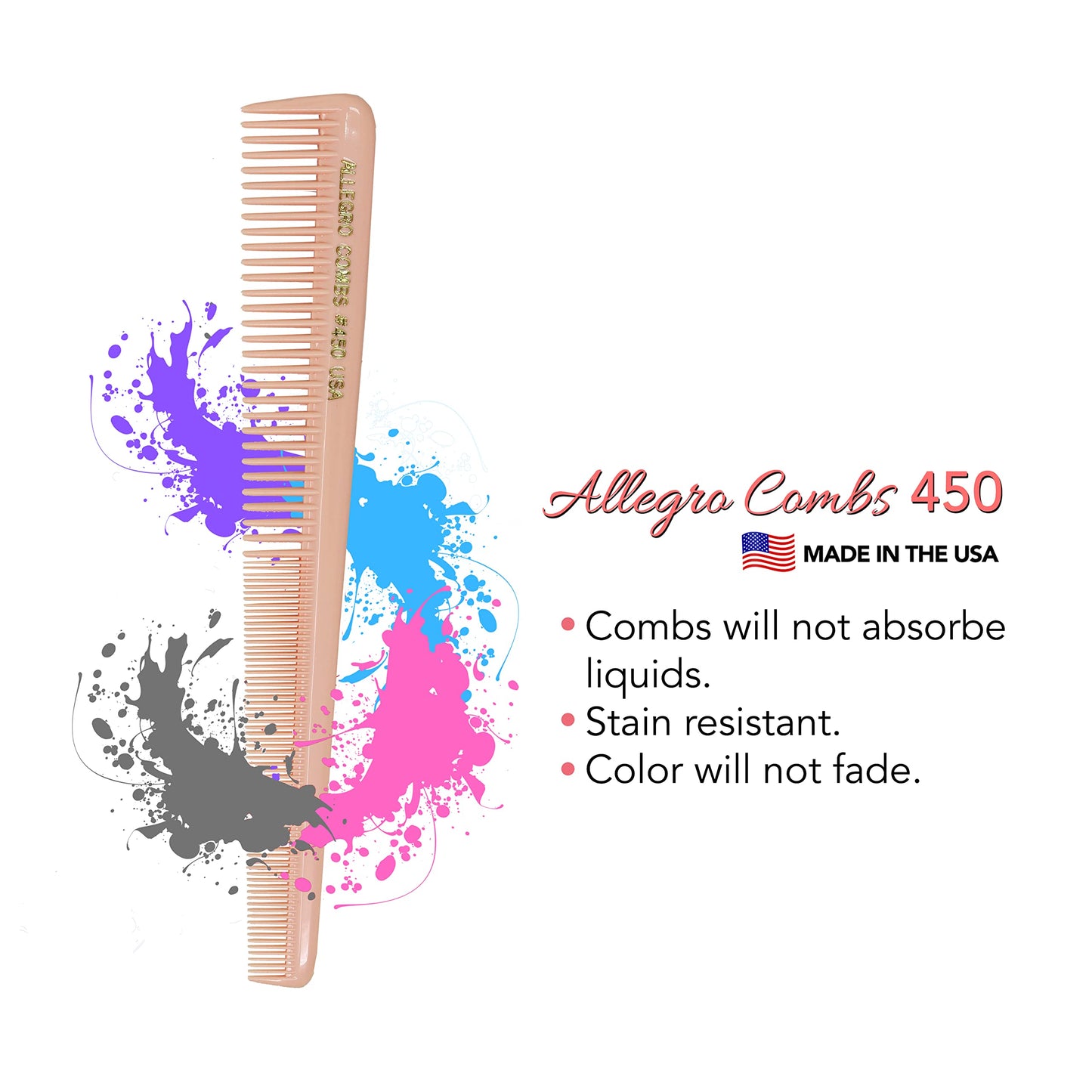 Allegro Tapered Hair Combs - 6 Pcs Barber & Hairstylist Combs for Men & Women, Made in USA (Rose)