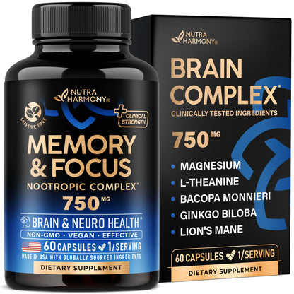 Brain Supplement for Memory & Focus 750 mg - Magnesium | L-Theanine | Bacopa Monnieri | Ginkgo Biloba | Lions Mane - 12in1 Nootropic Complex for Neuro Health - Caffeine-free - Made in USA, 60 Capsules