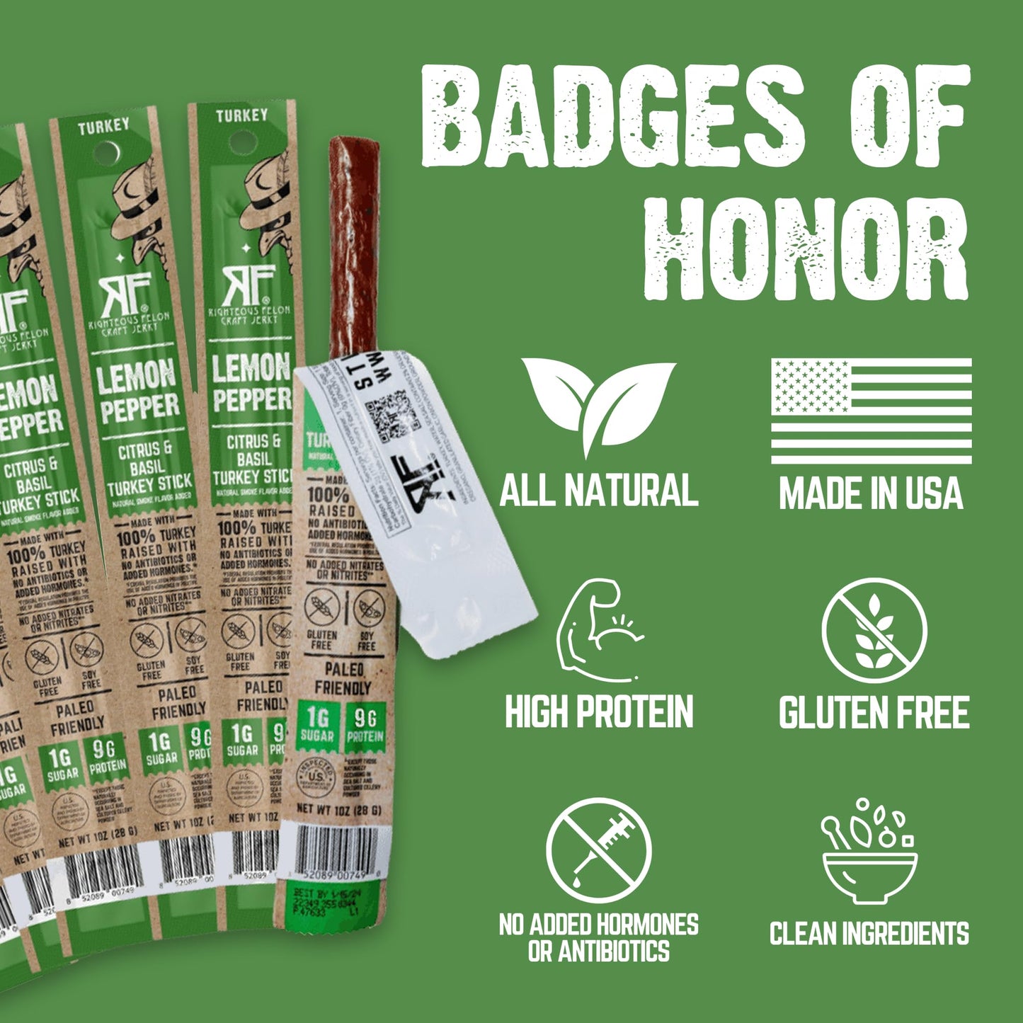 Righteous Felon Meat Sticks | 100% Turkey Sticks | Gluten Free & Keto Meat Sticks | Low Sugar & High Protein Turkey Sticks| Healthy Snack for Adults | Jerky Gifts for Men | Lemon Pepper, 10 Pack
