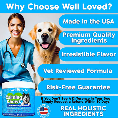 Well Loved Calming Chews for Dogs - Dog Calming Treats, Made in USA, Vet Developed, for Stressful Situations, Separation, Fireworks, Travel, Melatonin, Natural & Holistic, 90 Calming Treats