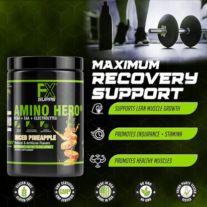 FXSUPPS Amino Hero Diced Pineapple Flavor(25 Servings)|Post-Workout Recovery Drink for Men and Women|Energy Powder Mix with BCAA, EAA, and Electrolytes|Promotes Endurance and Healthy Muscles - 1 Pack