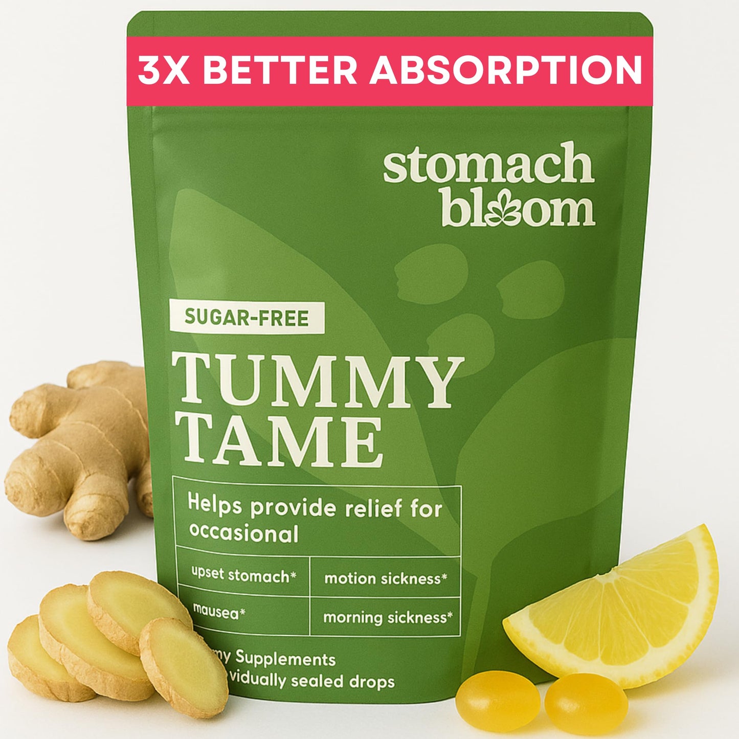 Stomach Bloom Sugar Free Tummy Tame Drops - 3X Better Absorption | Fast-Acting Pregnancy Nausea Relief & Morning Sickness Relief | Ginger, Lemon, Spearmint & B6. Individually Sealed Drops, 28 Ct