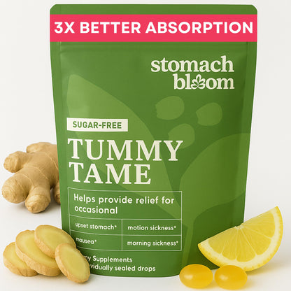 Stomach Bloom Sugar Free Tummy Tame Drops - 3X Better Absorption | Fast-Acting Pregnancy Nausea Relief & Morning Sickness Relief | Ginger, Lemon, Spearmint & B6. Individually Sealed Drops, 28 Ct