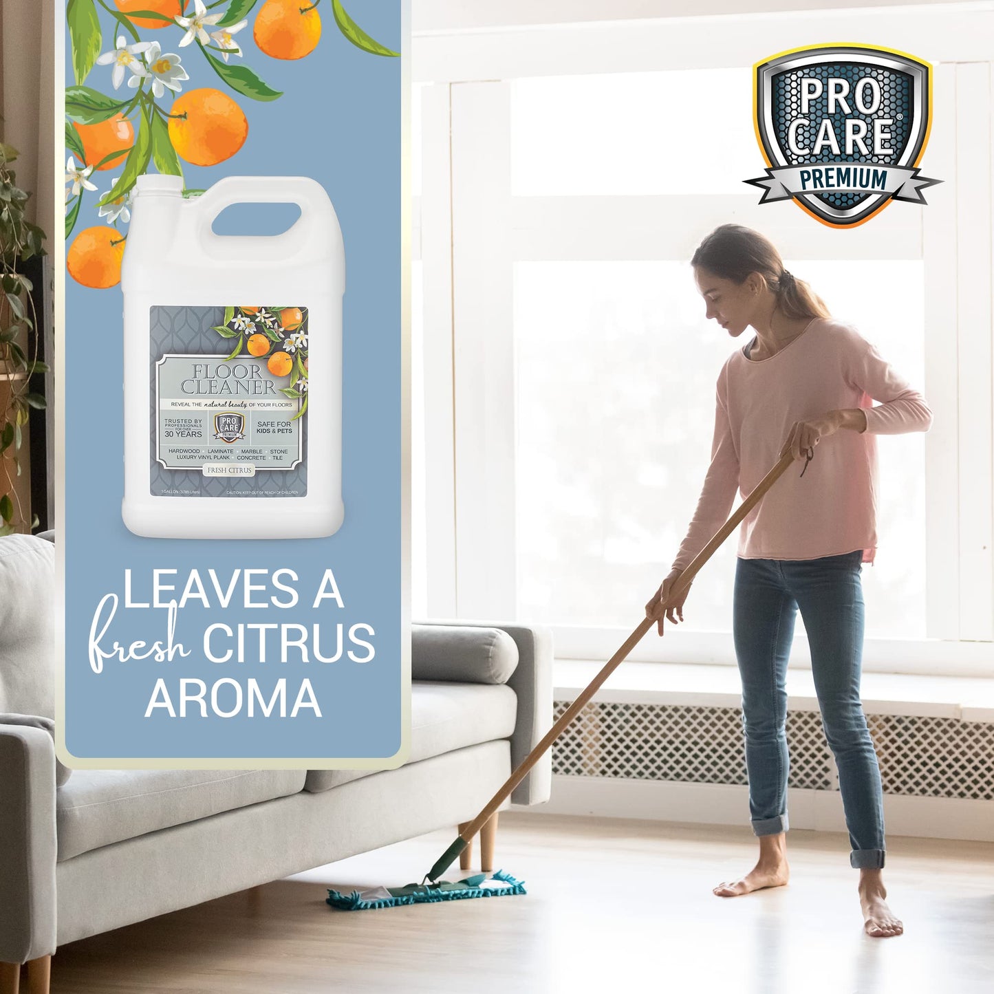 Procare Citrus Floor Cleaner (Made in USA) | Tile, Stone, Laminate, Vinyl & Natural Wood Floor Cleaner for Mopping, Household Supplies, Cleaning Solution with Citrus Aroma