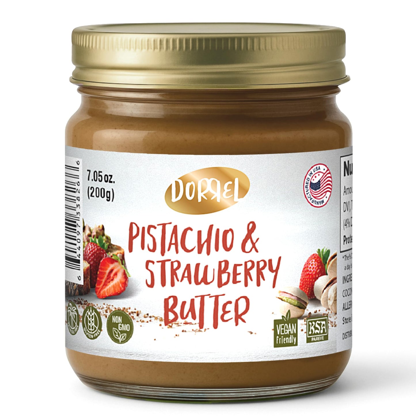 DORREL Pistachio & Strawberry Butter | Dairy-Free Vegan Spread | Made with 60% California Pistachios | Non-GMO | Kosher Pareve | Healthy Snack & Baking Spread (200g / 7.05oz)