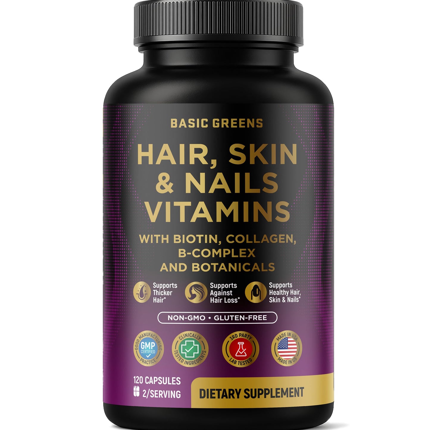 Hair, Skin & Nails Vitamins with Biotin 10000 mcg, Collagen, B-Complex & Botanicals – Supports Healthy Hair, Glowing Skin & Strong Nails – Non-GMO, Gluten-Free – Made in USA – 120 Capsules
