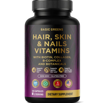 Hair, Skin & Nails Vitamins with Biotin 10000 mcg, Collagen, B-Complex & Botanicals – Supports Healthy Hair, Glowing Skin & Strong Nails – Non-GMO, Gluten-Free – Made in USA – 120 Capsules