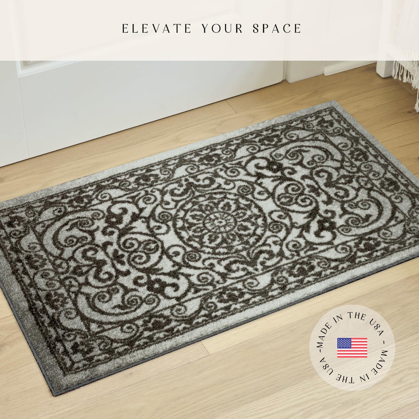 Maples Rugs Pelham Transitional Area Rugs - Made in USA - Washable, Non Slip, Indoor Carpet for Entryway, Foyer, Kitchen, and Bathroom, 1'8 x 2'10, Grey Tonal