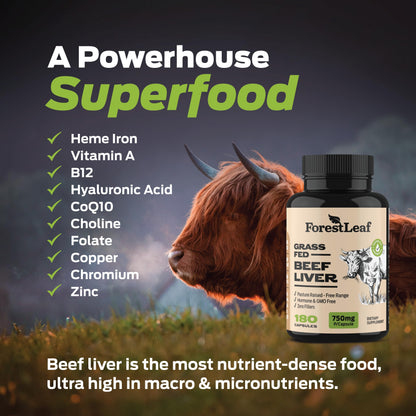 ForestLeaf Grass Fed Beef Liver Capsules, 3000mg Per Serving, Supports Full Immunity & Body Wellnes, Cleansing, Digestion, Natural Iron, Vitamin A and B12, Freeze Dried Beef Liver Supplement, 180 Caps
