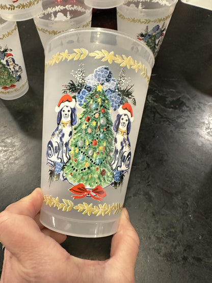 Marye-Kelley Staffordshire Dogs with Santa Hats and Christmas Tree Shatterproof 20 Oz Frosted Cups - Set of 6 Cups - BPA Free - Made in the USA Dishwasher Safe