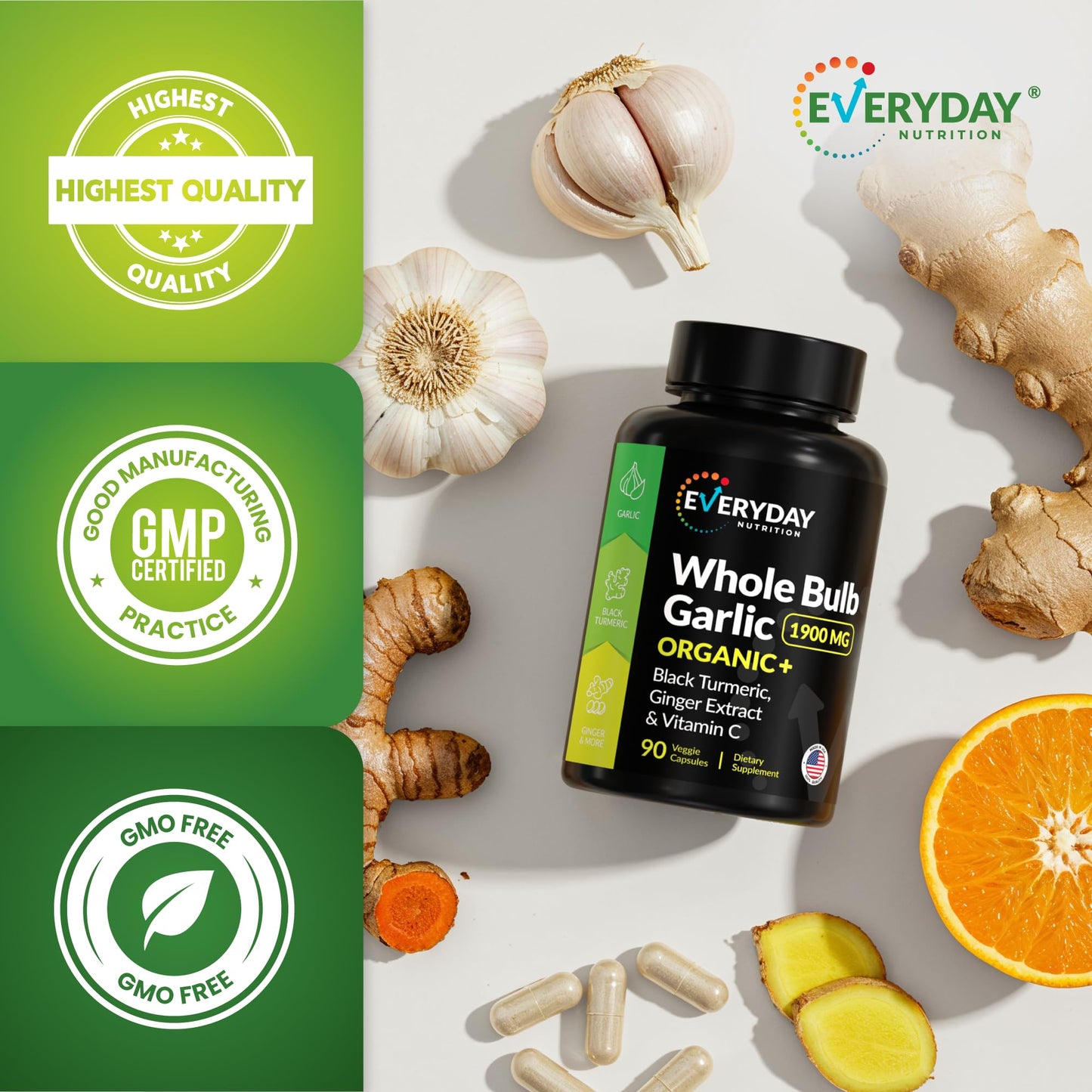 4-in-1 Garlic Supplement with Organic Whole Bulb Garlic, Black Turmeric, Ginger Extract & Vitamin C – Immune Support & Antioxidant Supplement – High Potency Vegan Formula – Made in USA – 90 Capsules