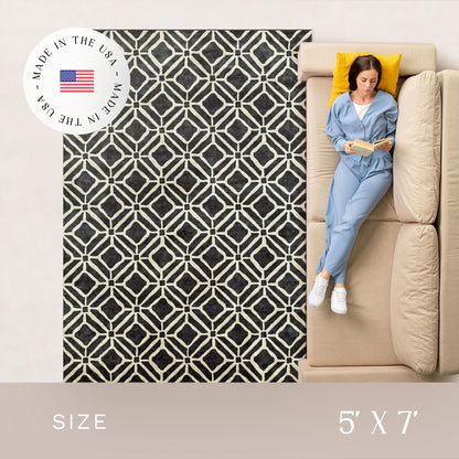 Maples Rugs Moderna Geometric Area Rugs – Made in USA – Low Pile, Non Slip Pet–Friendly Mat for Bedroom, Office, Living & Dining Room, 5' x 7', Dark Blue