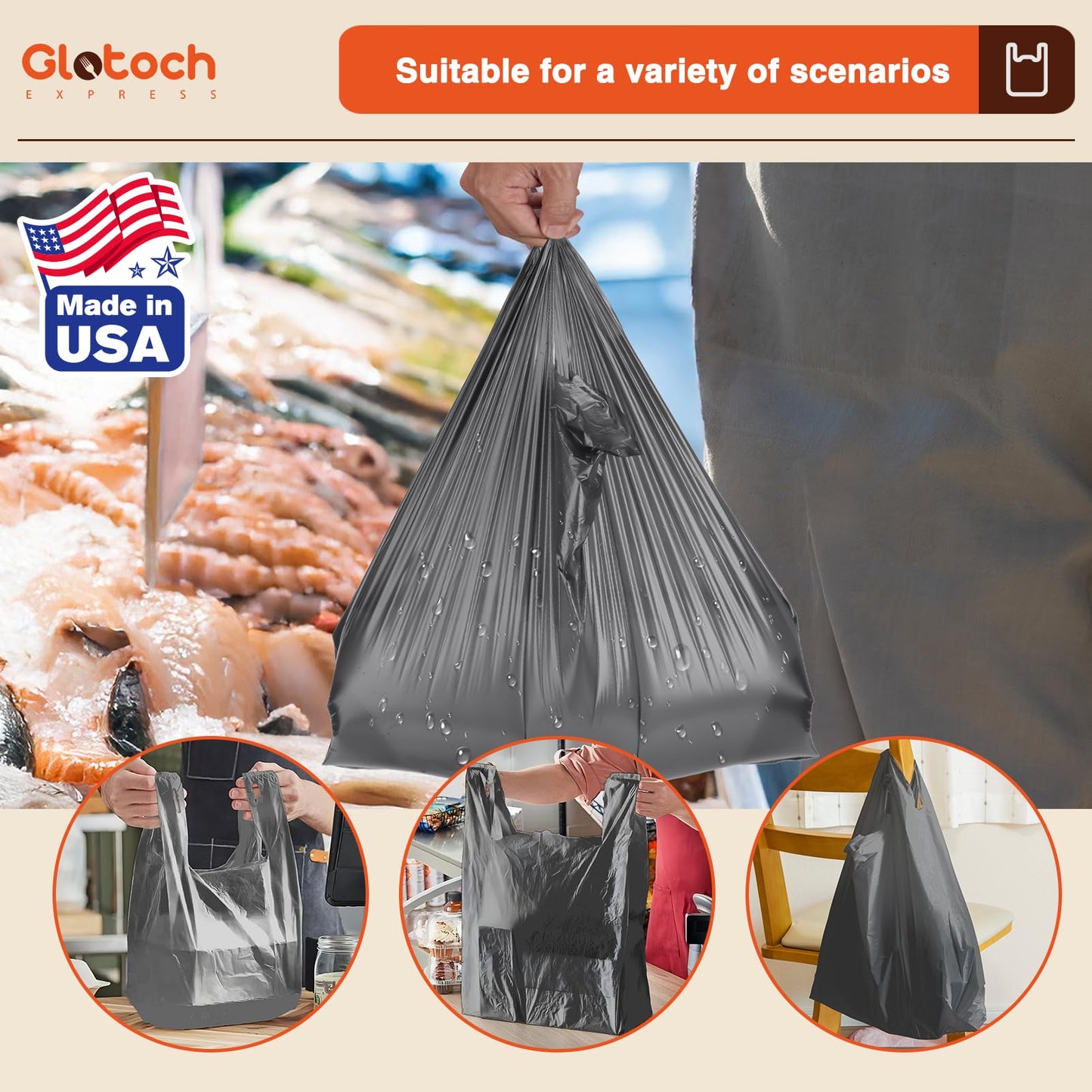 Glotoch 1000 Count Plastic T-shirt Bags Grey, 11.5" x 6.5" x 21" White Grocery Bags with Handles for Restaurant, Retail, Grocery Store, Takeout, Convenience Stores, Shopping Bag in Bulk