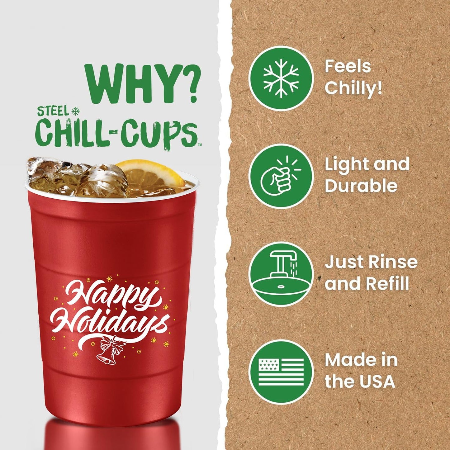 Steel Chill Cups 16 oz. Party Cups 'Happy Holidays' Christmas Tree Design for Cold Drinks, Durable, Disposable, Recyclable, Made in USA, Red, 12 Count