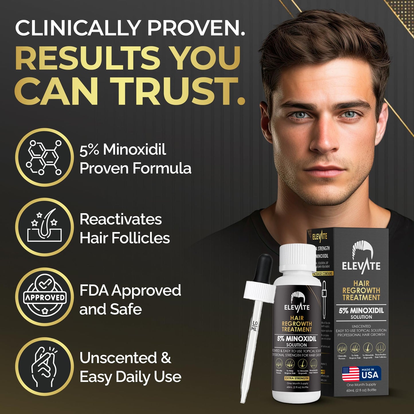 Elevate Hair Regrowth Treatment 5% Minoxidil Solution for Hair Growth - Extra Strength Topical Hair Growth Serum for Thicker, Fuller Hair 2 Fl Oz Made in USA
