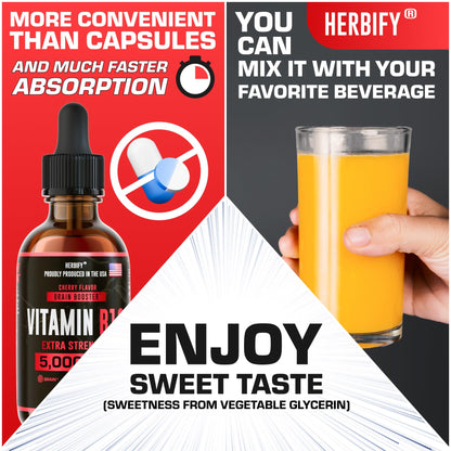 HERBIFY Vitamin B12 Methylated Multivitamin Energy Supplements for Women & Men - Liquid B12 Vitamins 5000 Mcg Methylcobalamin - Energy Support and Immune Health Liquid Vitamin 2 Oz