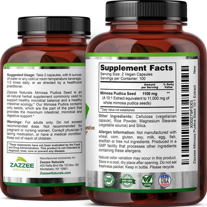 Zazzee Mimosa Pudica Seed 10:1 Extract, 200 Vegan Capsules, 1100 mg, 3+ Month Supply, Potent 10:1 Extract, Non-GMO and All-Natural