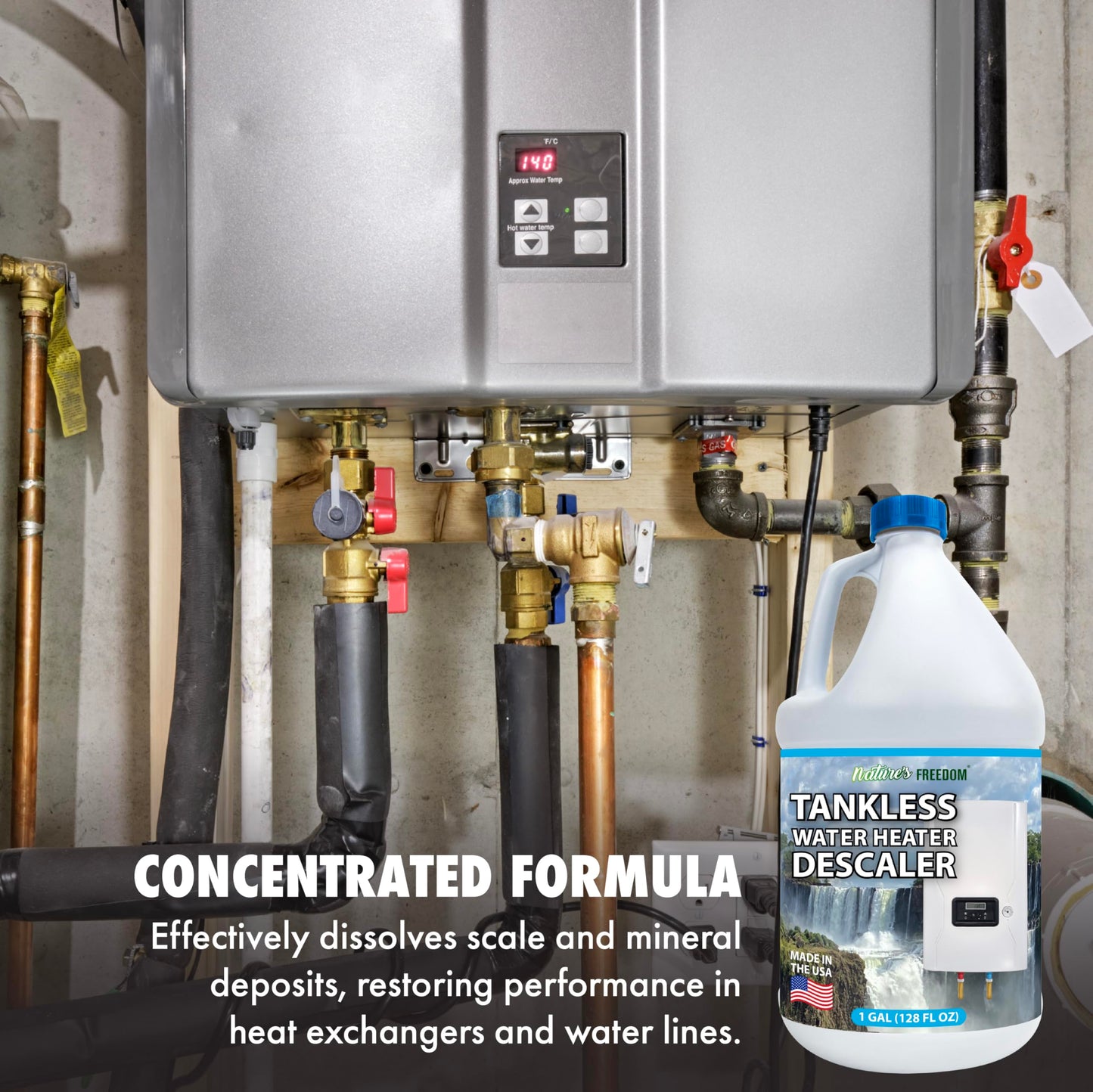 Nature's Freedom Tankless Water Heater Flush Descaler, Gallon (128 oz) – Professional Non-Toxic Descaling Solution, Biodegradable, Made in the USA