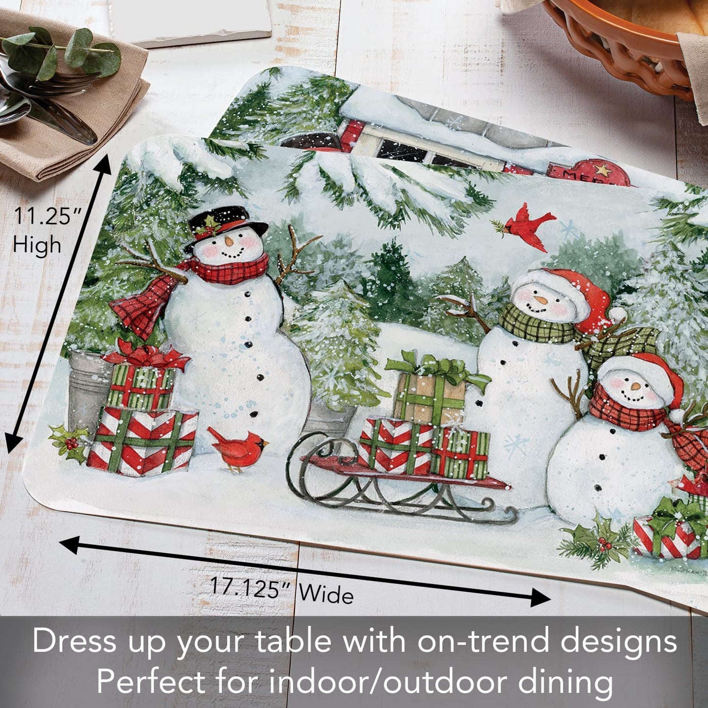 CounterArt Snowman's Farmhouse 4 Pack Reversible Easy Care Placemats Made in The USA BPA PVC Free Flexible Plastic Easily Wipes Clean