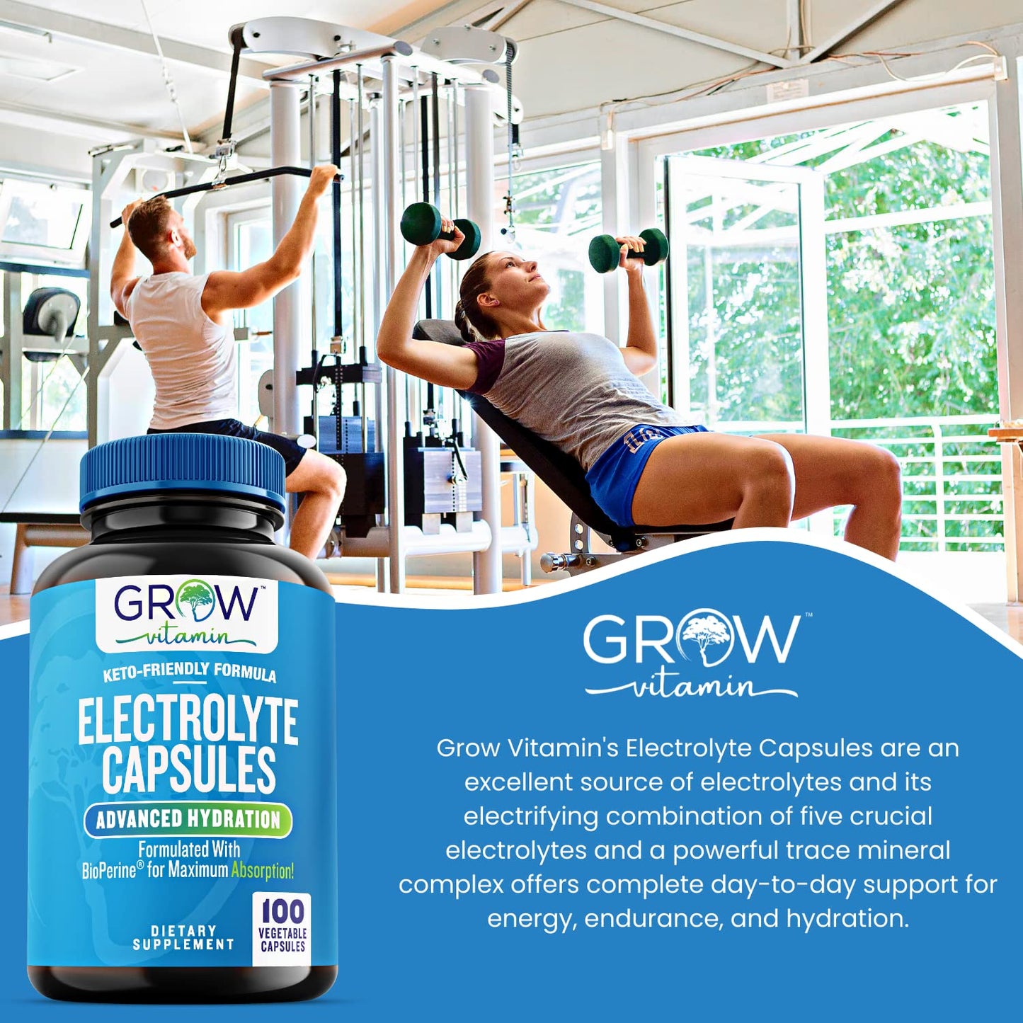 grow vitamin Electrolyte Capsules – Sugar-Free Electrolyte Tablets for Energy, Endurance & Hydration. Keto-Friendly Salt Pills, No Maltodextrin. Perfect for Fitness & Daily Hydration – 100 Caps
