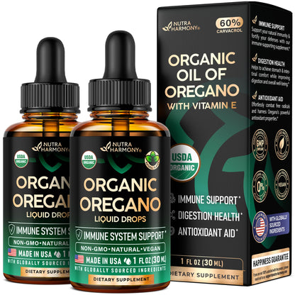 USDA Organic Oil of Oregano - Liquid Drops with Vitamin E - Made in USA - Supplement for Immune Support, Digestion Health & Antioxidant - Non-GMO, Natural, Vegan - Pack of 2