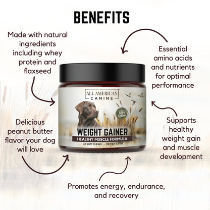 All American Canine Dog Weight Gainer Chews – High Calorie Dog Food Supplement for Rapid Weight Gain, Mass, and Recovery – Appetite Stimulant – 60 Chews