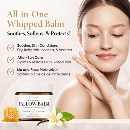 Honeyskin Whipped Tallow and Honey Balm – 100% Grass-Fed All Natural Mountain Beef Tallow for Skin Face Moisturizer – Nourishing, Hydrating Balm for Dry, Sensitive Skin – Gentle Soothing Care, 2oz