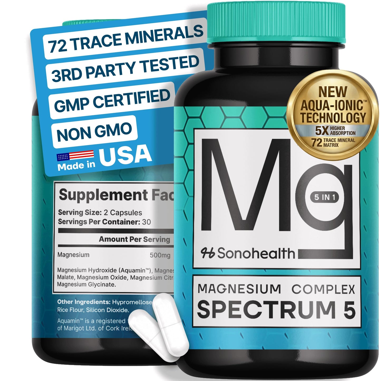 Spectrum 5 Magnesium Complex for Women & Men | Patented Aqua-Ionic® 5X Absorption Technology | 500mg Glycinate, Citrate, Malate + 72 Trace Minerals | Deep Sleep, Leg Cramp Relief & Calm | Non-Laxative