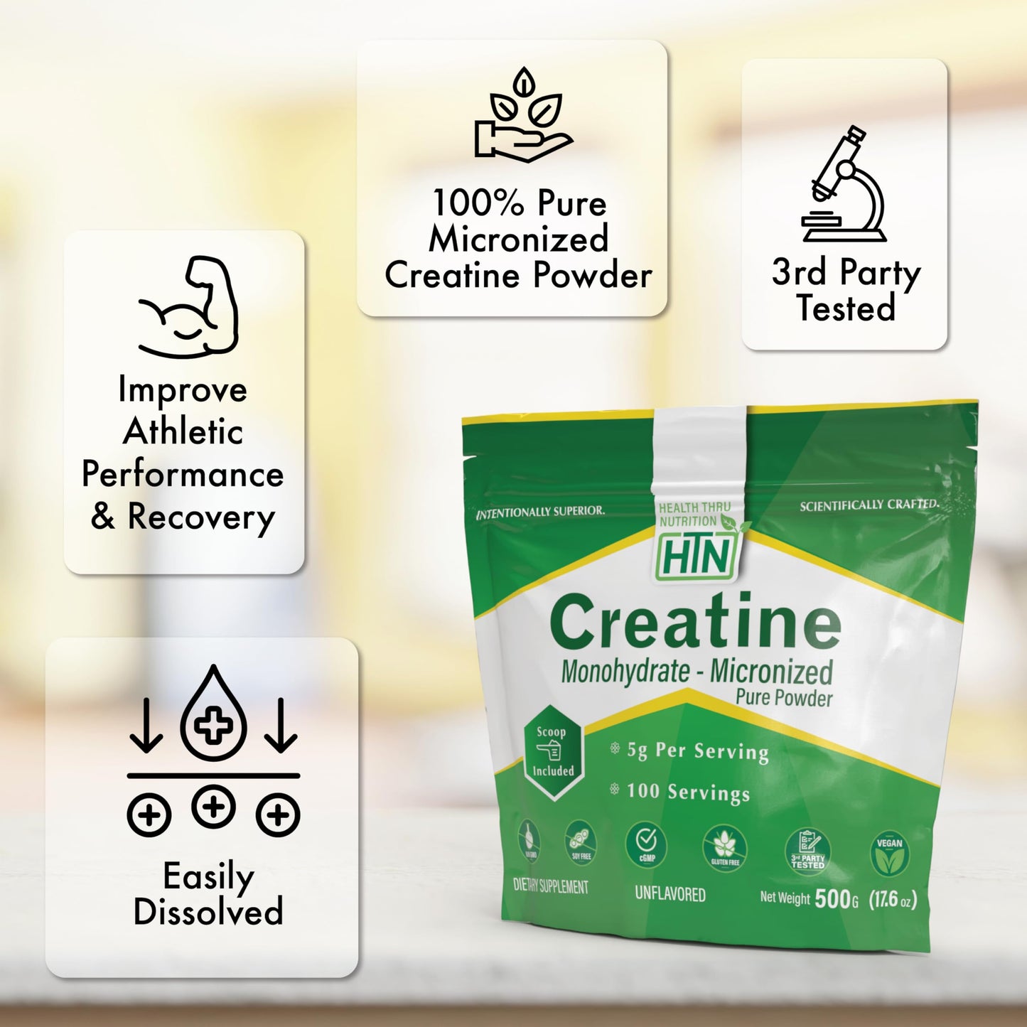 Health Thru Nutrition Creatine Monohydrate Micronized Powder – 500g Pure Unflavored – 5g Per Scoop – Workout Support, Muscle Fuel and Recovery Bulk Supplement | Non-GMO, Vegan