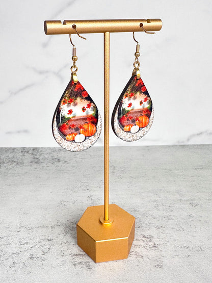Fall Earrings for Women Autumn Lightweight Teardrop Pumpkin Thanksgiving Jewelry Dangle Fun Colorful Statement Handmade The Painted Pug (Fall Scene)