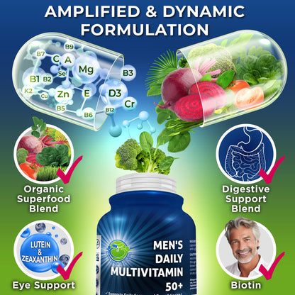 Men's Daily Multivitamin 50 Plus - Vegan Methylated Multivitamin for Men 50 and Over - Saw Palmetto, Biotin, Organic Superfoods, Lutein - Eye, Energy, Gut, Health Support - Easy to Swallow Capsules