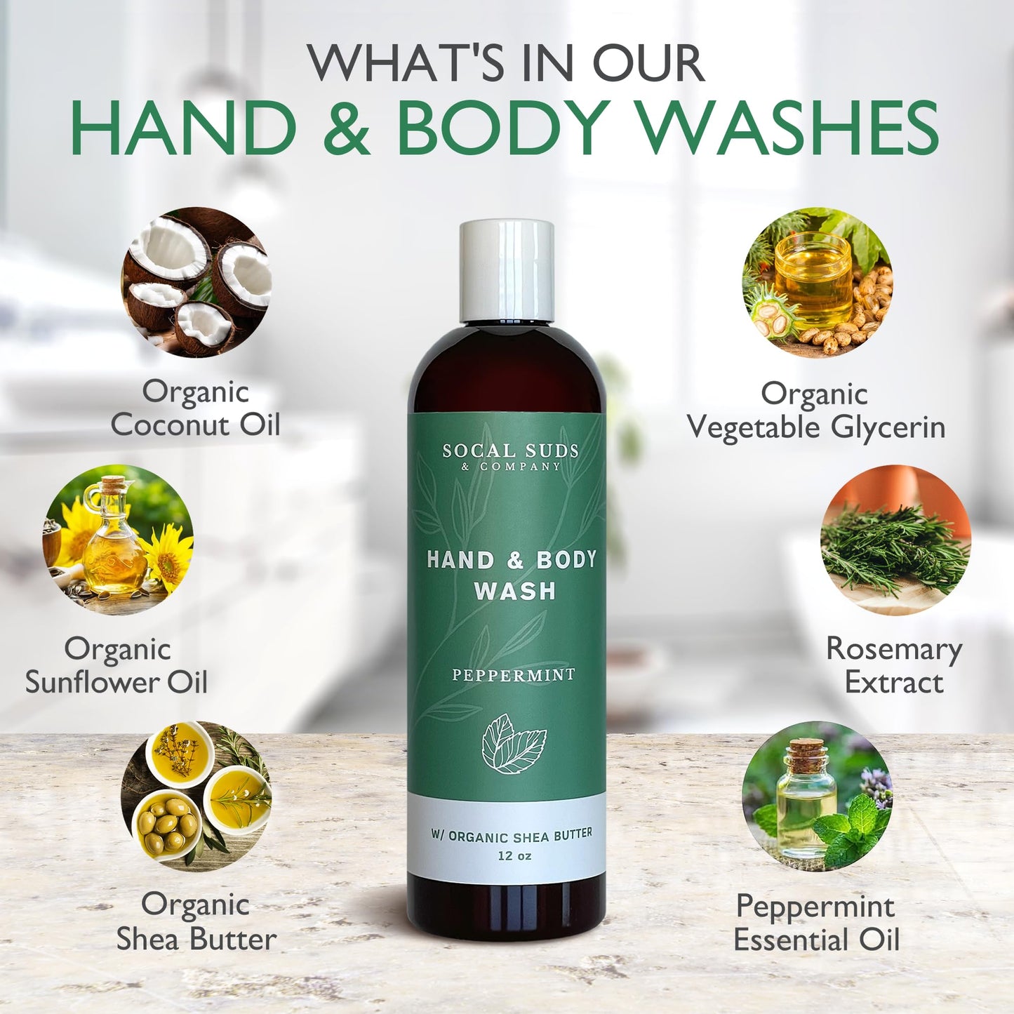 SoCal Suds & Company Hand & Body Wash Organic Shea Butter - Peppermint Scent - Liquid Soap - Daily Body Wash for Men and Women - Moisturizing Ingredients - Gentle Shower Gel - Non-Drying - 12oz