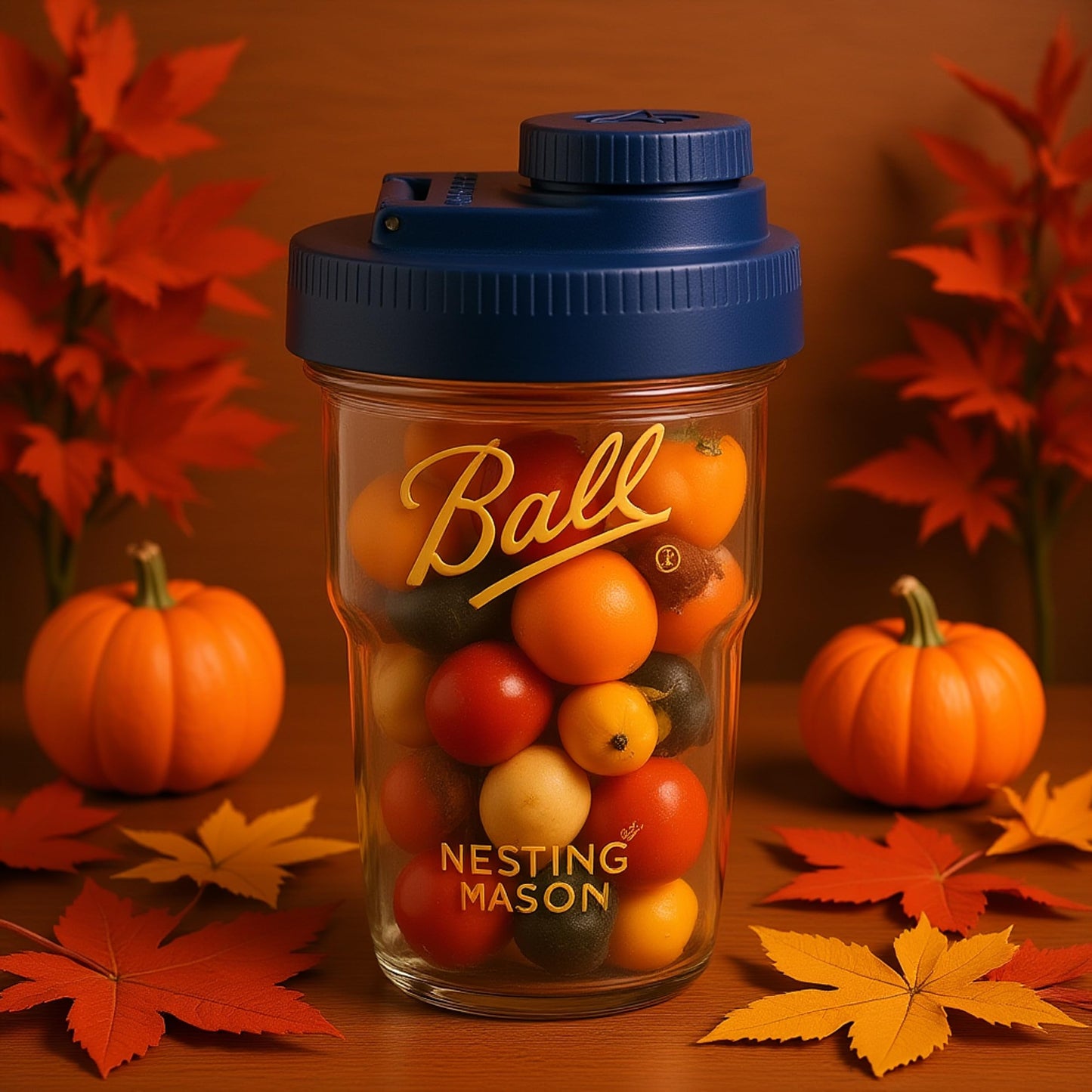 Brewing America Nesting Jar with Drinking Lid as Travel Cup, 1 Pint (16 oz) with Blue Pouring Lid on Wide Mouth Ball Nesting Mason Jar, USA-Made To Go Drink Cup, 1-Pack