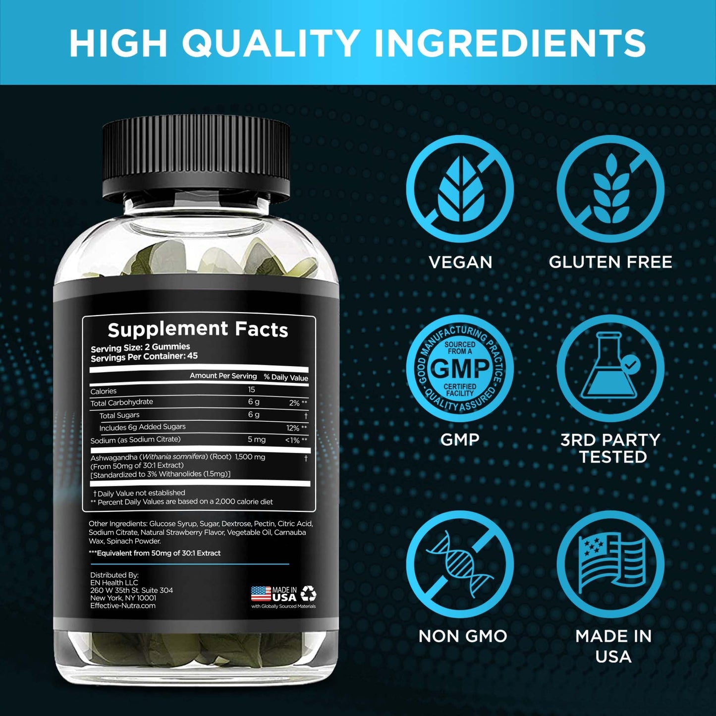EFFECTIVE NUTRA Ashwagandha Gummies 1500mg | Stress Relief, Immune Support, Calm Mood, Energy | Natural Berry Flavor | 45-Day Supply | Vegan, Gluten-Free, Non-GMO | Supplement for Men & Women (90ct)