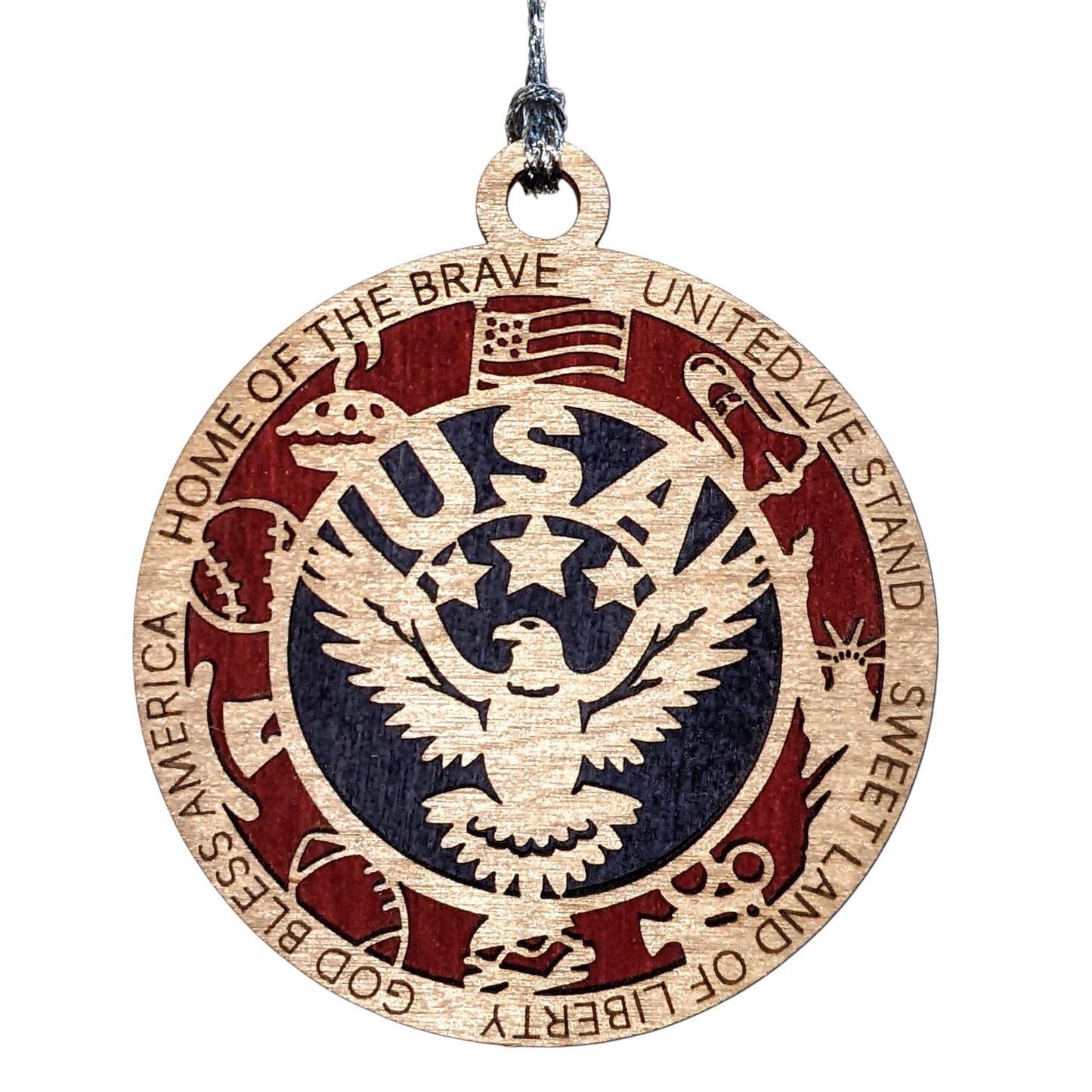 Patriotic USA Christmas Ornament - 3" Wood Eagle Design with American Icons, Handmade in Oregon