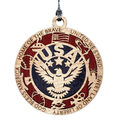 Patriotic USA Christmas Ornament - 3" Wood Eagle Design with American Icons, Handmade in Oregon