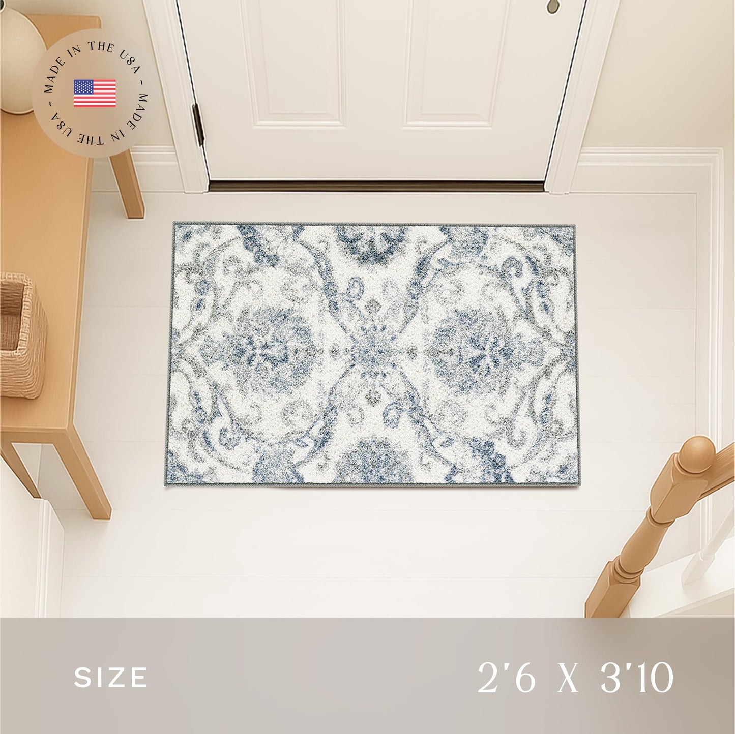 Maples Rugs Blooming Damask Kitchen Rugs Non Skid Accent Area Floor Mat [Made in USA], 2'6 x 3'10, Grey/Blue