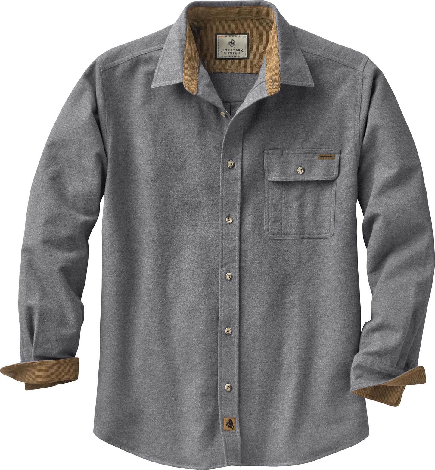 Legendary Whitetails Men's Big & Tall Buck Camp Flannel, Long Sleeve Plaid Button Down Casual Shirt, Corduroy Cuffs, Charcoal Heather, 4X-Large