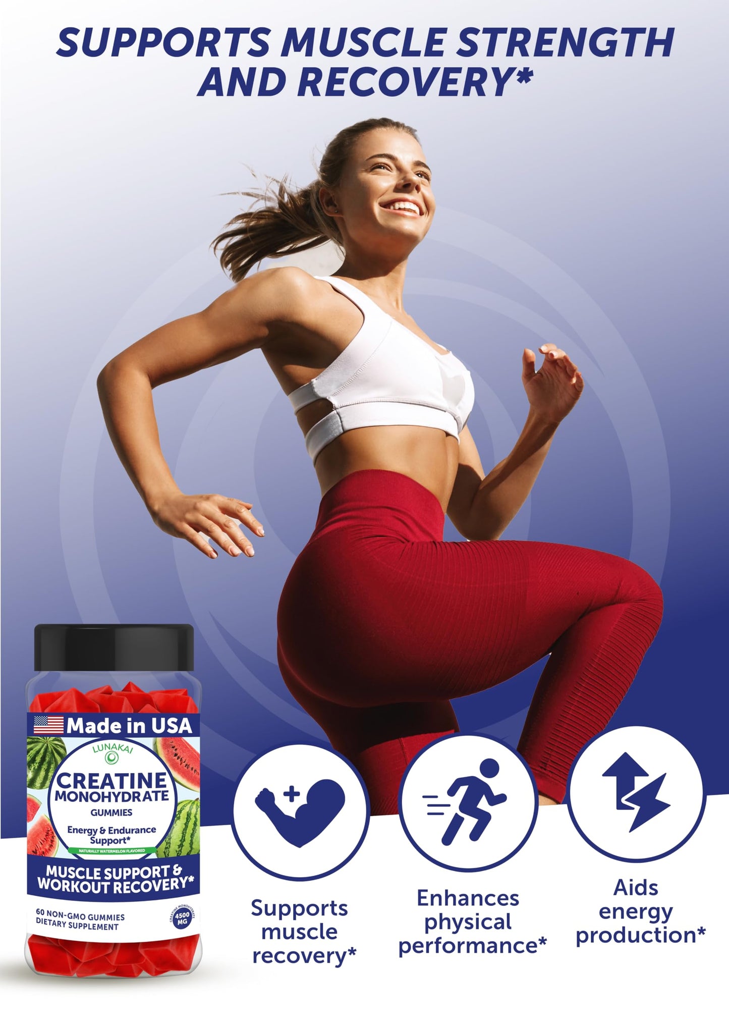 Lunakai USA Made Creatine Monohydrate Gummies for Women & Men – Vegan Creatine Gummies for Muscle & Recovery Support – Pre Workout Supplement, 60ct