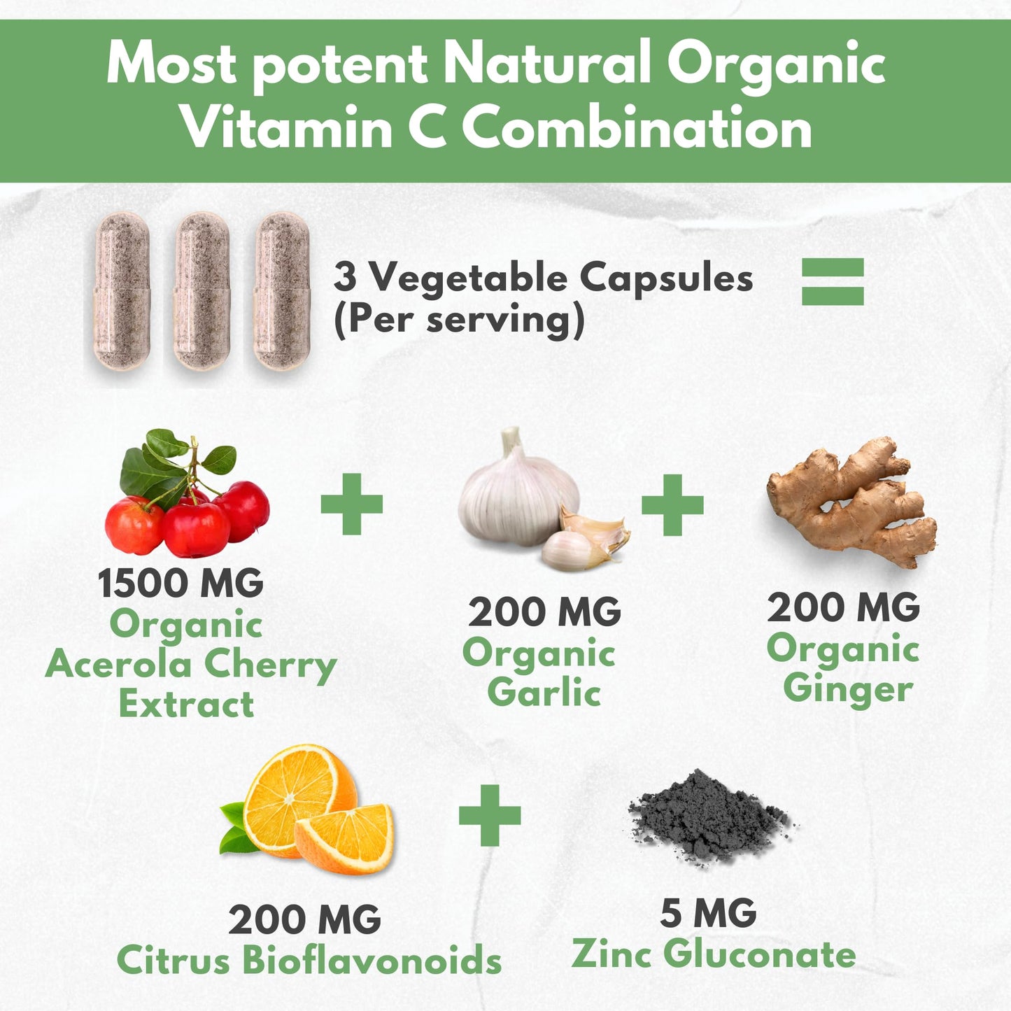 HCL HERBAL CODE LABS Natural Vitamin C from Organic Acerola Cherry - High Absorption - with Garlic Ginger & Citrus Bioflavonoids - Immune System & Collagen Booster - Anti Aging Skin Vitamins