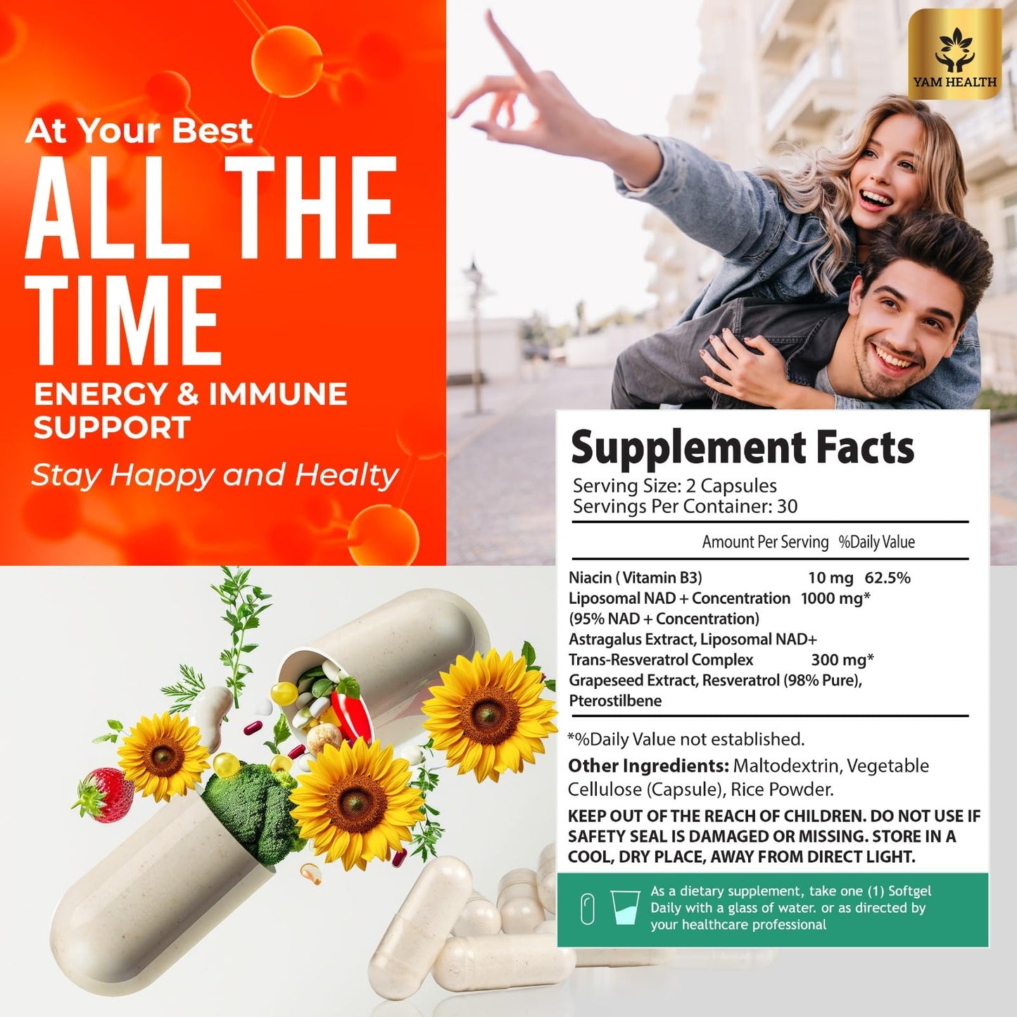 YAM Health Liposomal NAD Nicotinamide Riboside Equivalent with Trans-Resveratrol 300mg, Premium Halal NAD Supplement for Energy Metabolism, DNA Repair and Longevity, Vegan, Non-GMO (60 Count)