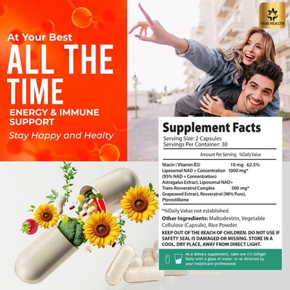 YAM Health Liposomal NAD Nicotinamide Riboside Equivalent with Trans-Resveratrol 300mg, Premium Halal NAD Supplement for Energy Metabolism, DNA Repair and Longevity, Vegan, Non-GMO (60 Count)