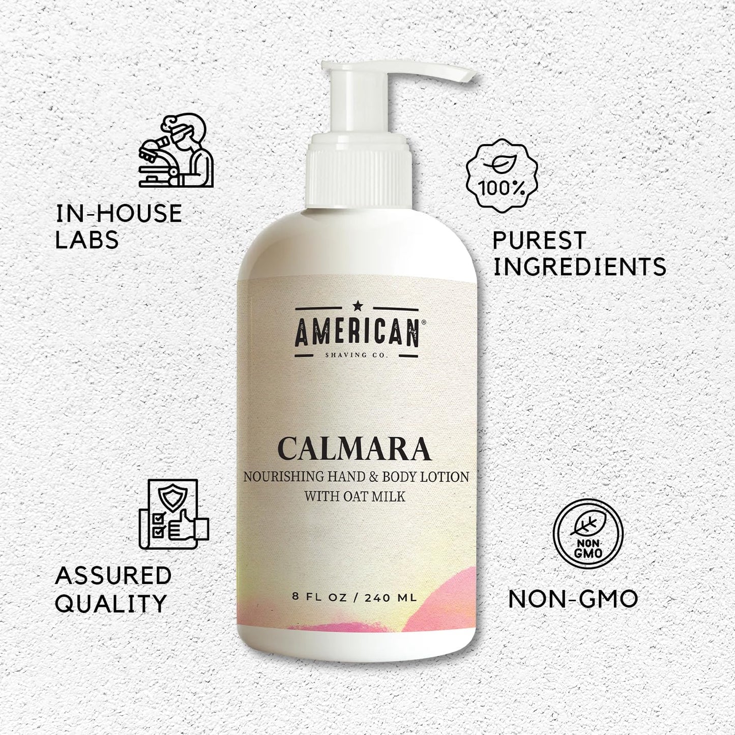 American Shaving Co. Calmara Nourishing Hand & Body Lotion With Oat Milk, 8 Oz, Made in USA, Gentle Formula, Quality Potent Ingredients, Non-GMO, GMP Certified, Cruelty-Free Products