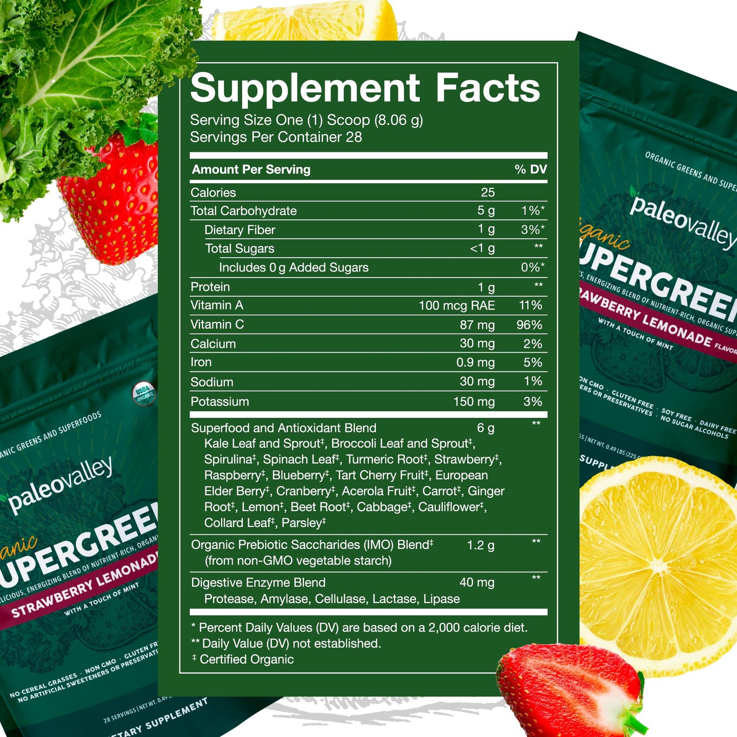 Paleovalley Organic Supergreens - Organic Greens Powder Superfood for Immune Support - Paleo Green Powder Blend - 28 Servings - 23 Organic Superfoods - Gluten Free, No Cereal Grasses, Soy or Grain