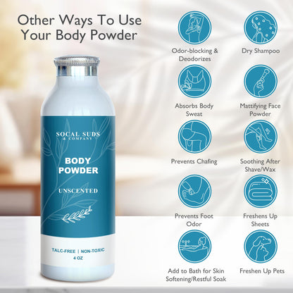 SoCal Suds & Company - Natural Body Powder Talc-Free - with Arrowroot Powder, Kaolin, Aspen Bark Extract for Soft Soothing Delicate Skin - Fragrance Free, 4oz, 1-Pack