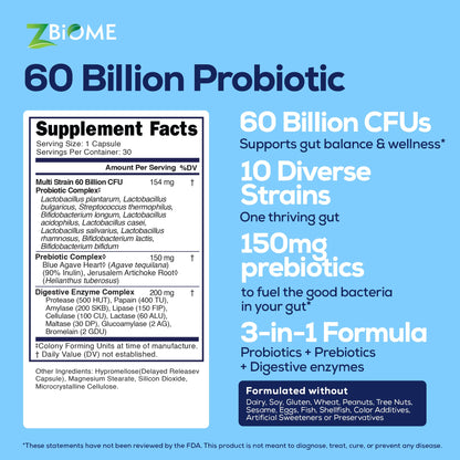Probiotics + Prebiotics Supplement - 60 Billion CFU - 10 Strains, Lactobacillus, Butyrate & Acidophilus for Digestive, Gut & Body Wellness, Constipation, Diarrhea, Gas & Bloating, Men & Women, 30ct