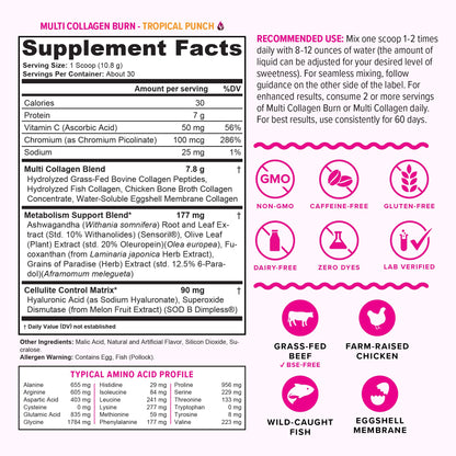 Hydrolyzed Collagen Peptides Powder for Women - Slimming MultiCollagen Burn Ultimate Beauty Complex with Hyaluronic Acid Vitamin C & Types I II III V and X for Women Tropical Punch 30 Servings