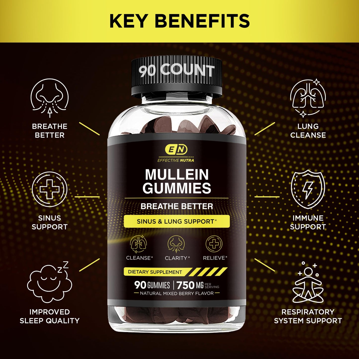 EFFECTIVE NUTRA 9in1 Mullein Gummies | Lung and Sinus Support for Cleanse, Clarity, and Relief | Vegan, Gluten-Free, Non-GMO Supplement | Natural Berry Flavor, 45-Day Supply, Made in USA (90ct)